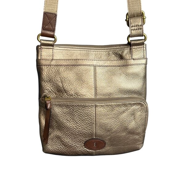 Fossil Metallic Gold Leather Double-Sided Messenger Bag - Picture 1 of 13